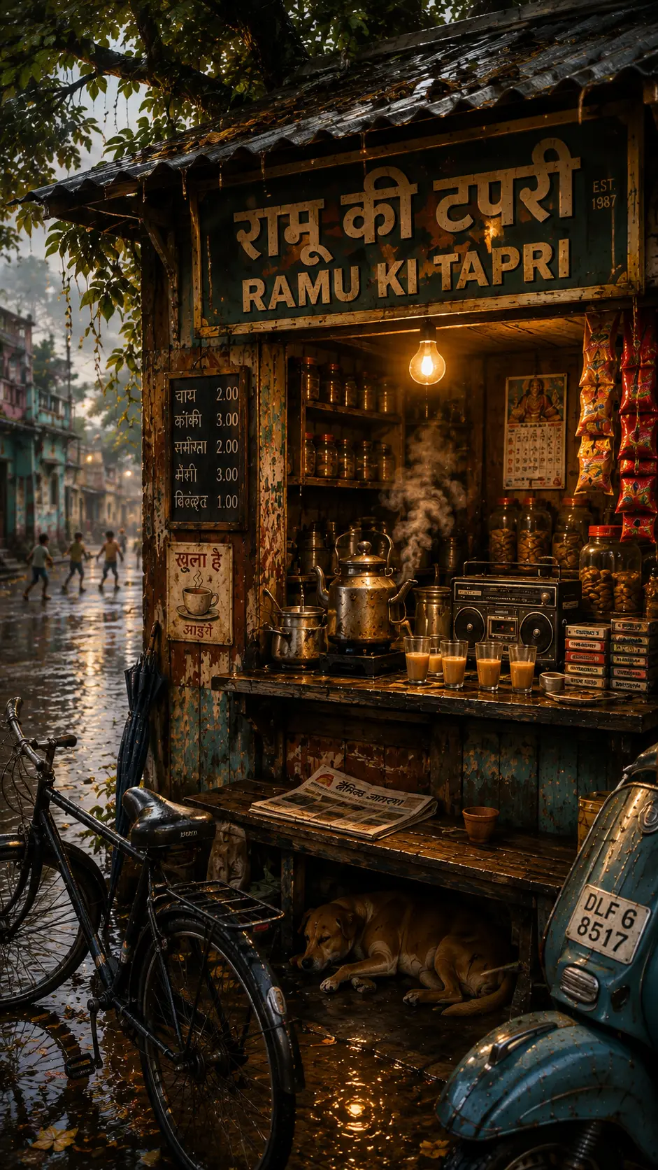 A chai stall on a rain-soaked street at dusk, warm bulb glowing over brass kettles